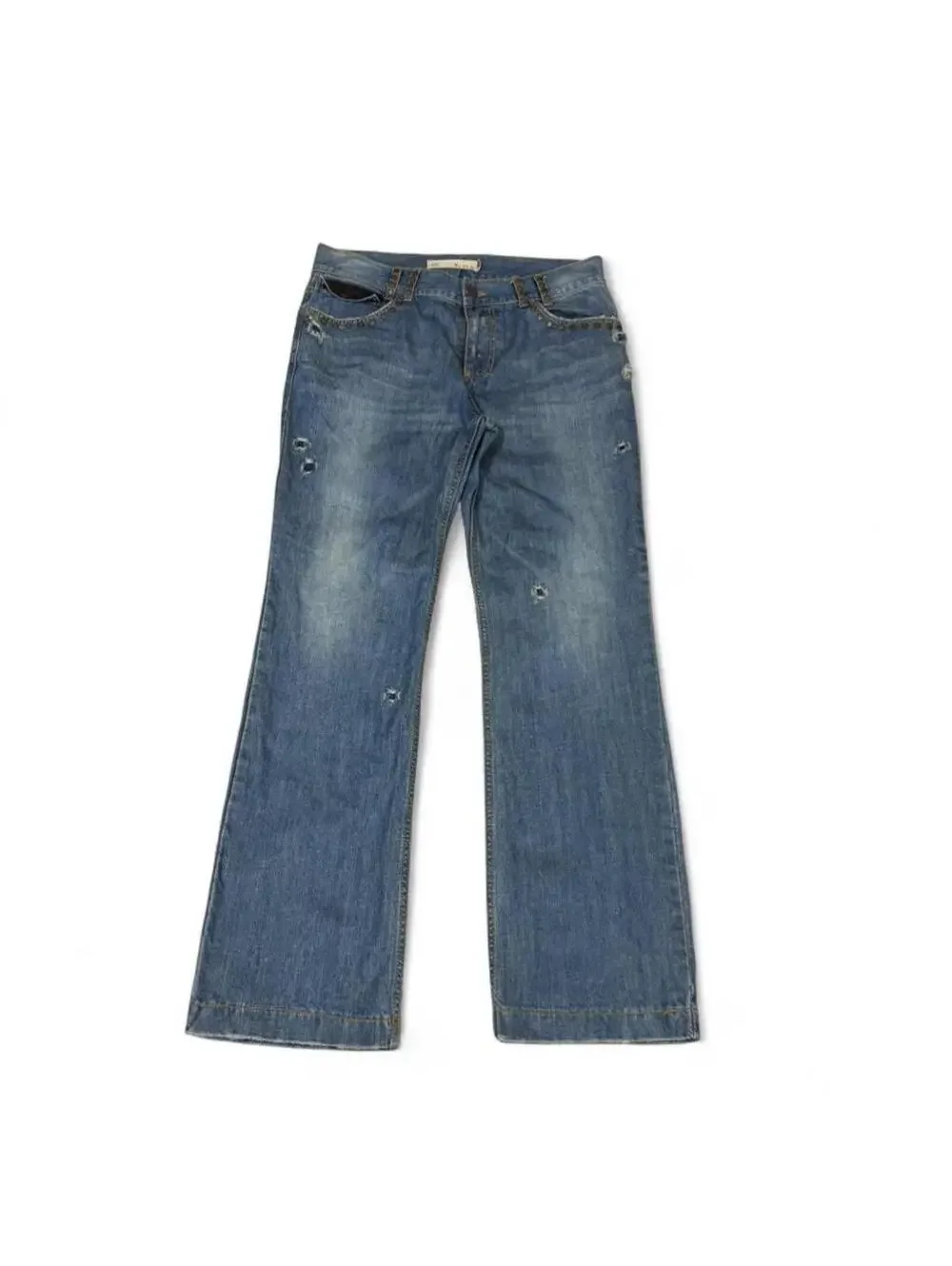 Distressed flap pockets blue denim jeans with studs - Picture 2 of 5